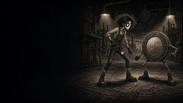 FanaticFactory worker character boxing a polished person-sized letter C on a dark industrial factory floor