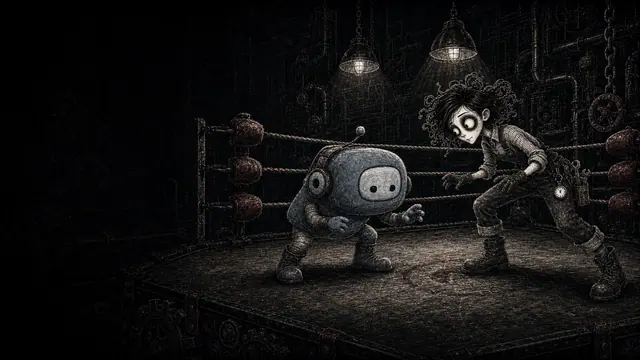 FanaticFactory worker character squaring up with an original chat mascot in an industrial wrestling ring