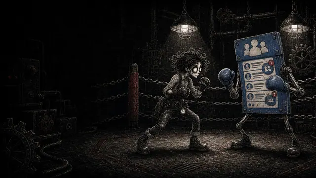 FanaticFactory worker character boxing a blue social group noticeboard mascot on a dark industrial factory floor