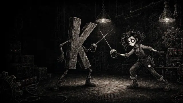 FanaticFactory worker character fencing a person-sized letter K on a dark industrial factory floor