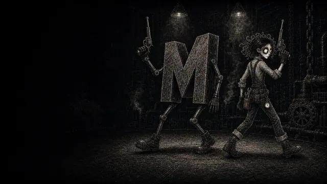 FanaticFactory worker character boxing a riveted mechanical letter M with network nodes on a dark industrial factory floor