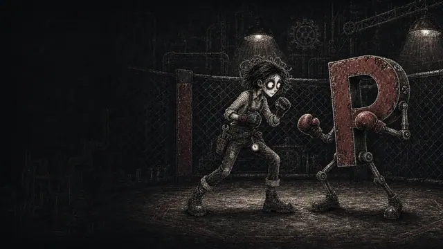 FanaticFactory worker character cage match fighting a person-sized letter P on a dark industrial factory floor