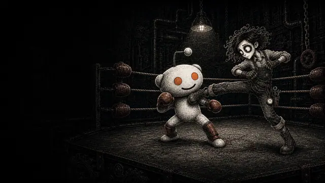 FanaticFactory worker character kickboxing a Reddit mascot in a dark industrial ring