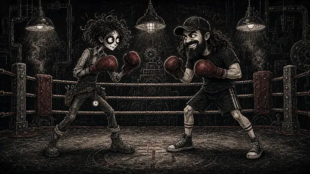 FanaticFactory worker character and a playful Skool founder caricature squaring up in an industrial boxing ring