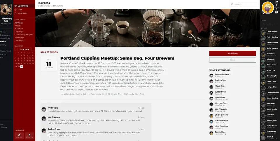 Event details page showing event description, attend actions, attendee roster, and comments.
