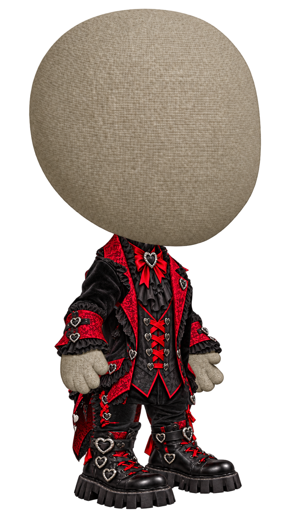 Crimson Heart M black and red tailcoat, trousers, and boots on a grey-tan ragdoll mannequin