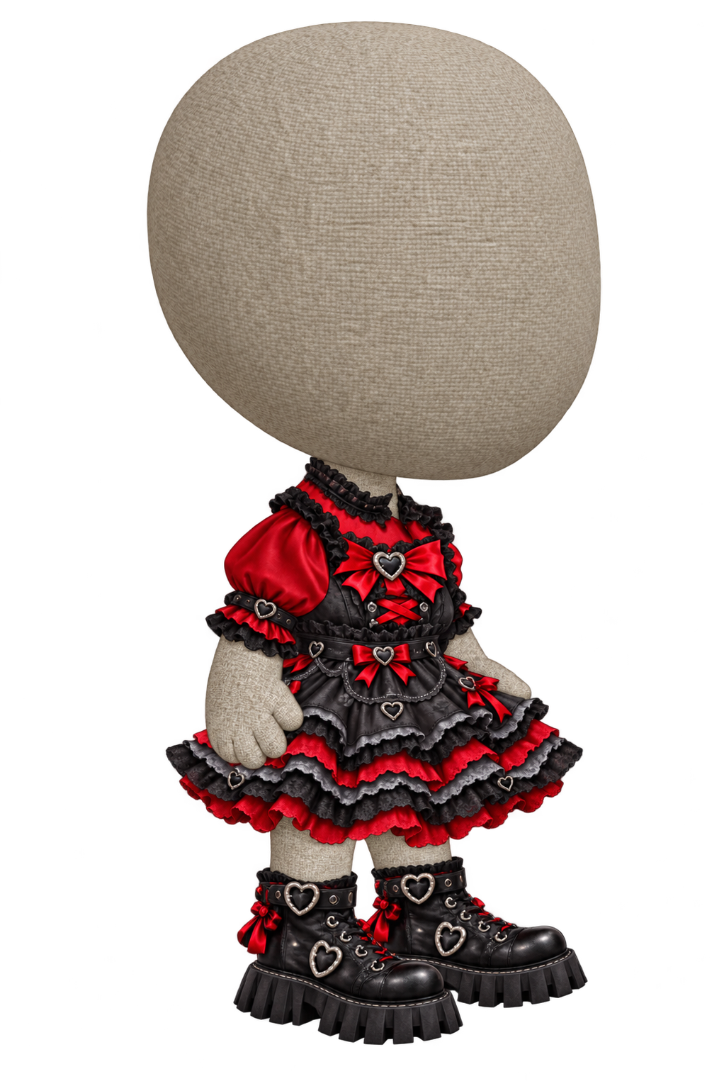 Crimson Heart black and red bodice, skirt, and heart boots on a grey-tan ragdoll mannequin