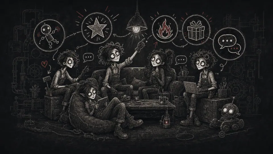 FanaticFactory character hosting gamers in a cozy factory lounge