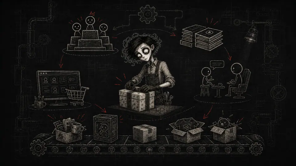 FanaticFactory character packing gaming rewards, guides, and gear on a conveyor