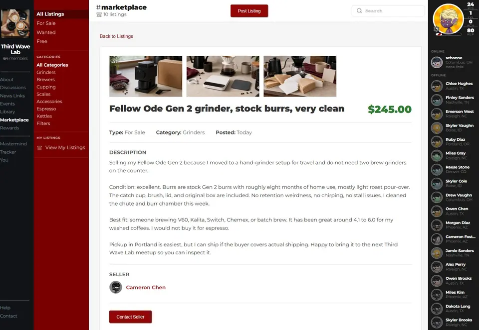 Marketplace listing detail screenshot showing product images, listing information, seller context, contact controls, and sold status controls.