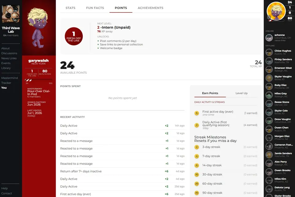 XP and member profile feature screenshot
