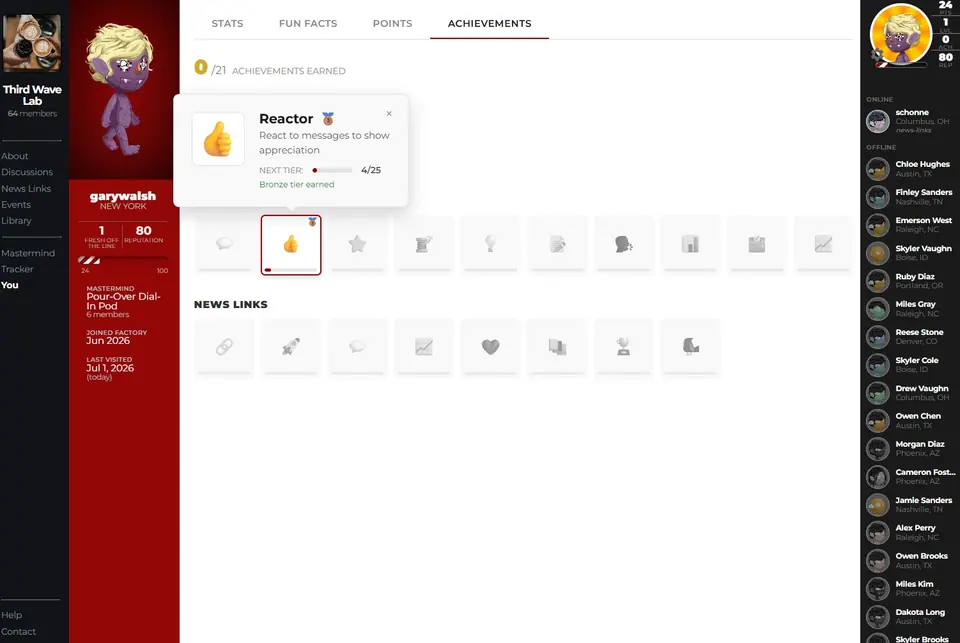 Member profile progression screenshot showing earn points, level path, and achievement progress.