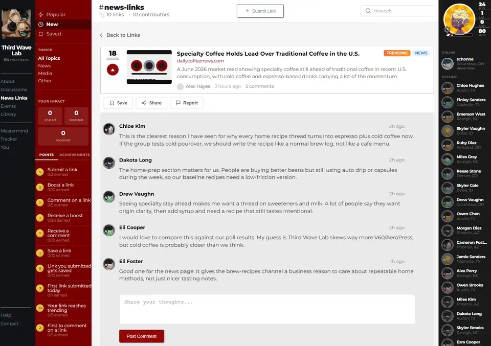 News link detail screenshot showing a submitted link and attached discussion.