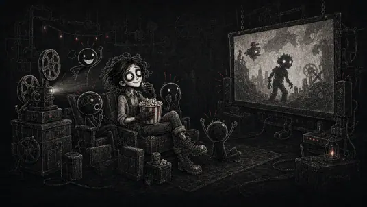 FanaticFactory character watching a movie with popcorn and fan avatars