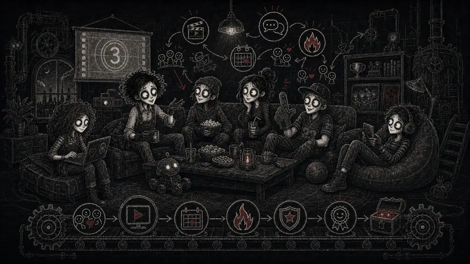 FanaticFactory character hosting returning creator-community regulars in a factory lounge