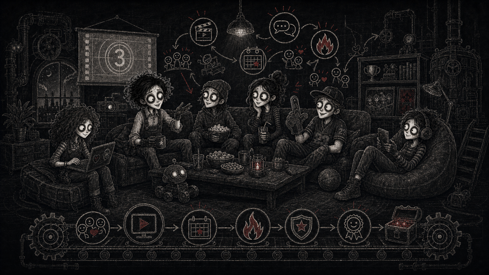 FanaticFactory character hosting returning fan-club regulars in a factory lounge
