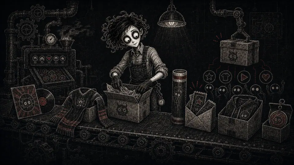 FanaticFactory character packing creator-community rewards and merch on a conveyor