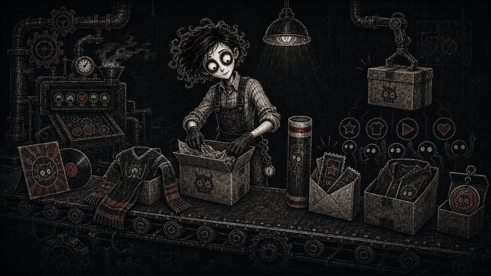 FanaticFactory character packing fan-club rewards and premium merch on a conveyor
