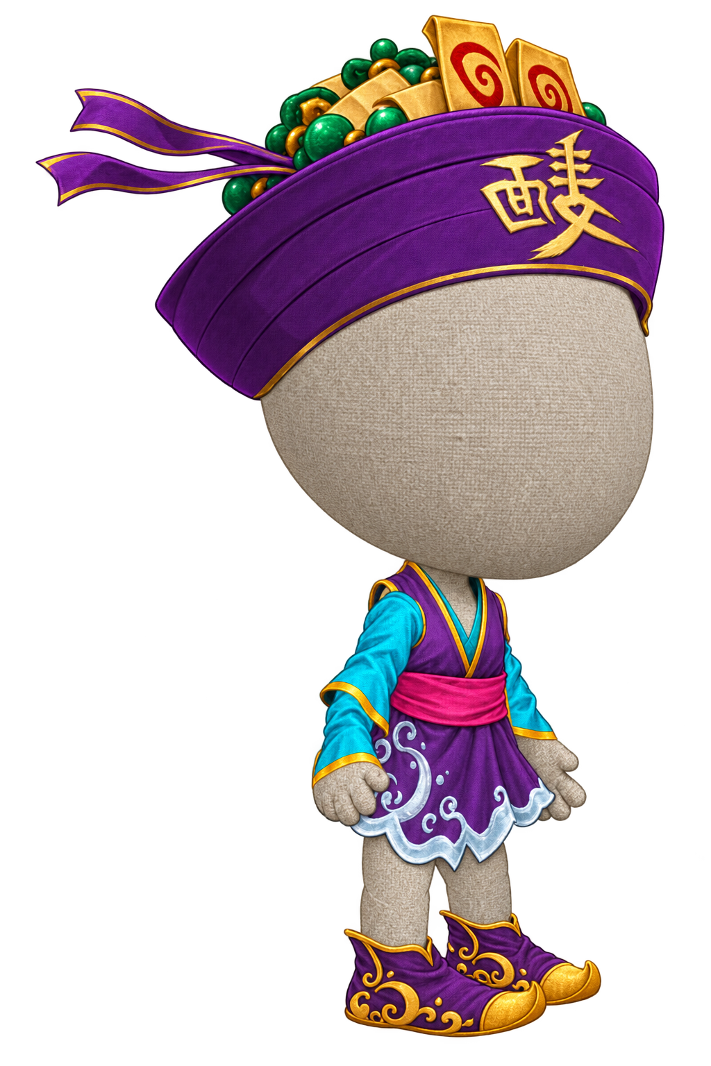 Jade Spell purple charm hat, teal-sleeved dress, and gold-trimmed boots on a faceless tan-grey linen ragdoll